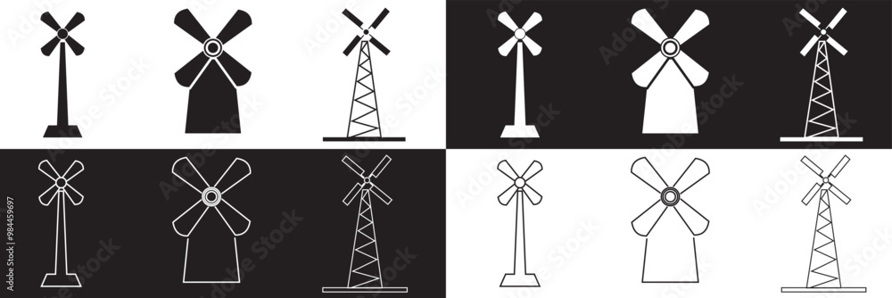 Fototapeta premium Windmill icon set. Air energy concept. isolated on white and black background, Vector illustration. EPS 10