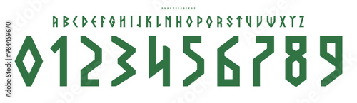 Greek geometric typography, angular sharp numbers and letters design, bold medieval font for esports logos, sci-fi, sports branding, jersey numbers, team merchandise. Vector typeset