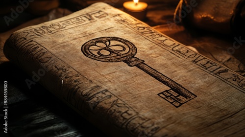 Close-up of an old, weathered book with a key symbol drawn on the cover, illuminated by candlelight.