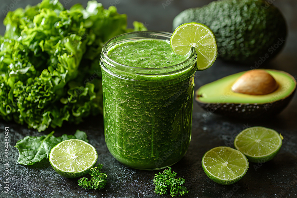 Freshly made green smoothie in a glass jar, surrounded by leafy greens, avocado, and lime slices Freshly made green smoothie in a glass jar, surrounded by leafy greens, avocado, and lime slices