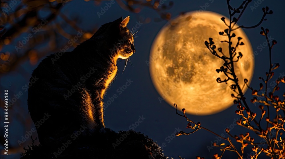 A black cat sits silhouetted against a large, orange moon, gazing at the night sky. A black cat sits silhouetted against a large, orange moon, gazing at the night sky.