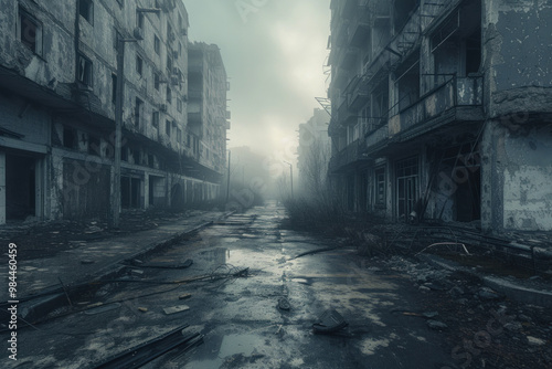 Post-apocalyptic view of an abandoned highway at sunset, featuring wrecked vehicles and a bleak yet dramatic skyline. 