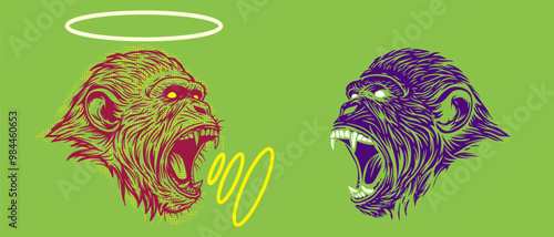 Angry monkey head in colorful pop art style. Modern abstract print with animal. Vivid creative vector illustration.