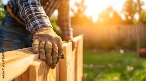 Skilled Handyman Measuring Wooden Planks for Custom Built Fence in Sunny Backyard Setting