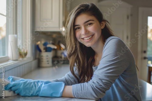 A beautiful women in a white shirt and blue apron is cleaning a window with a blue cloth. Surrounding the scene are green plants and a bright, airy kitchen setting.