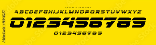 Futuristic slanted font, bold aerodynamic numbers and letters for racing themes, speed sports jerseys and branding. Sharp, impactful strokes for modern, dynamic typographic design. Vector typeset