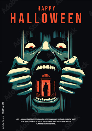 a poster for Halloween with a scary evil looking ghost inside a man mouth screaming