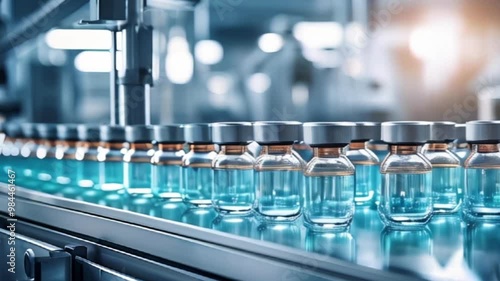 Medicine in bottles on a conveyor belt in a pharmaceutical factory, mass-production drugs. Generative AI Video