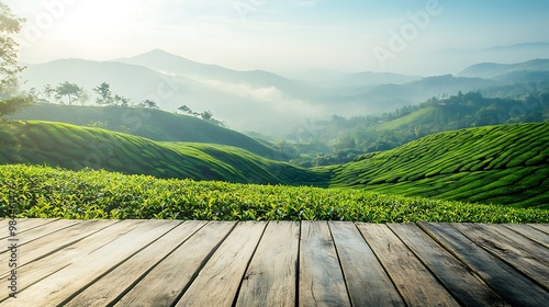 blank wooden table & landscape of the mountains