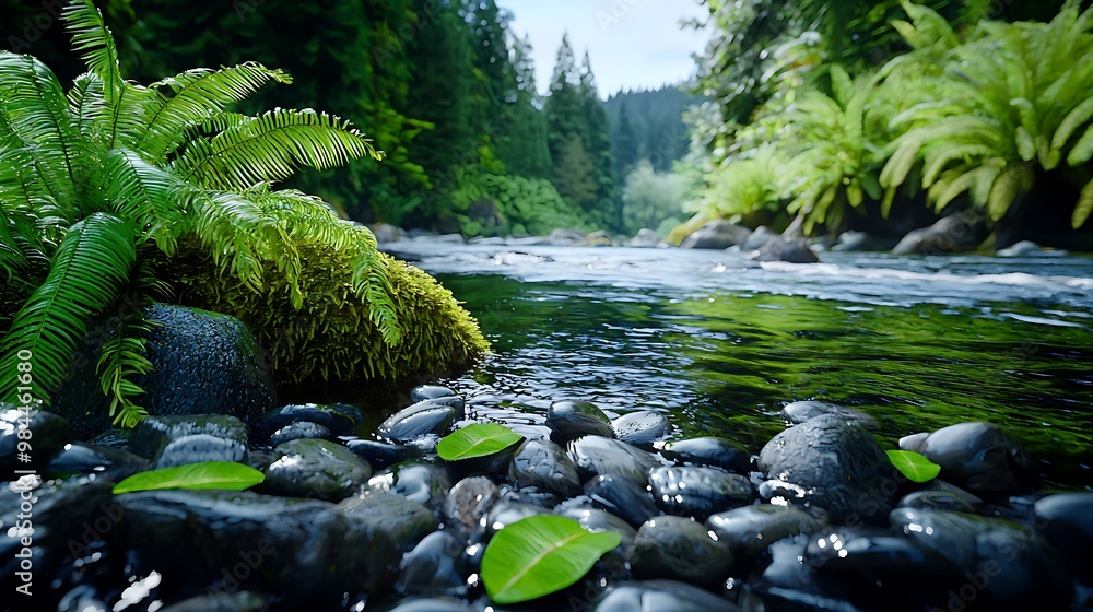 A tranquil stream winds through the forest, green leaves and smooth stones guiding its gentle flow. A tranquil stream winds through the forest, green leaves and smooth stones guiding its gentle flow.