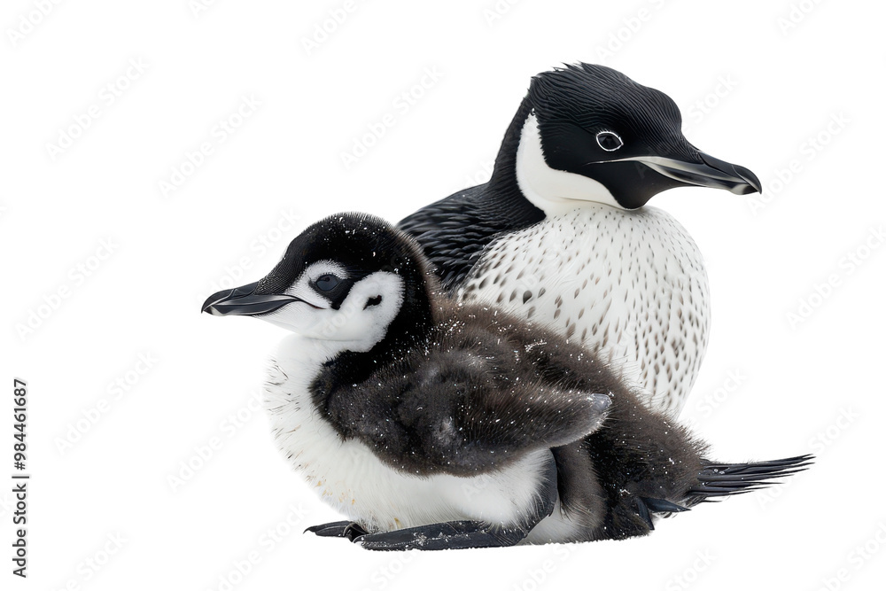 Obraz premium A mother loon and her fluffy chick resting together on a snowy backdrop in a serene natural setting on transparent background