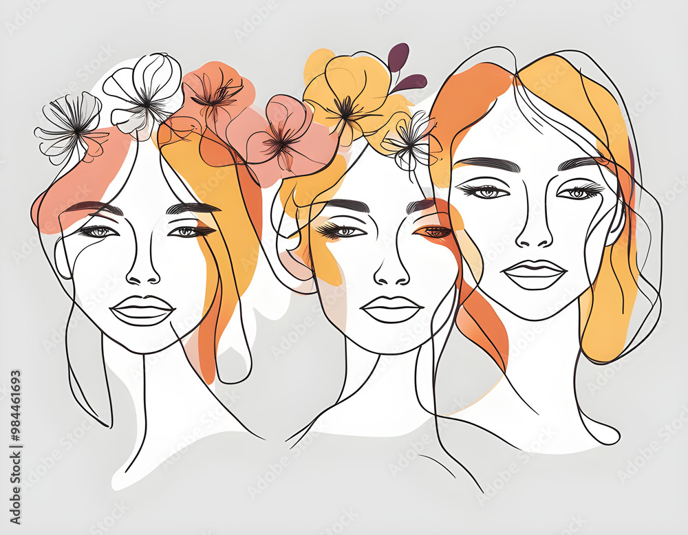 Abstract Four face with flowers by one line vector drawing background Abstract Four face with flowers by one line vector drawing background