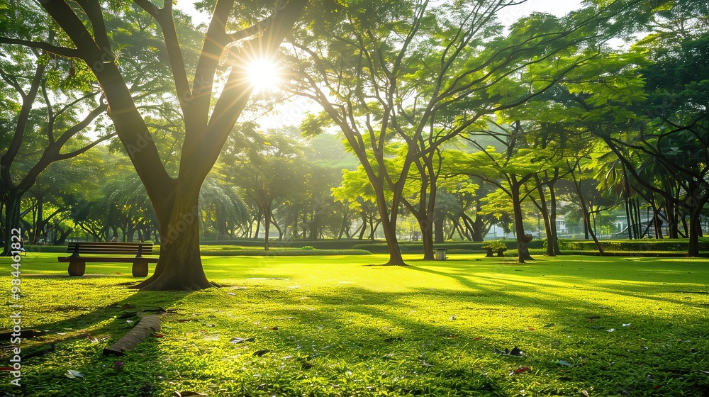 Naklejka premium Sun shining through trees in park with bench