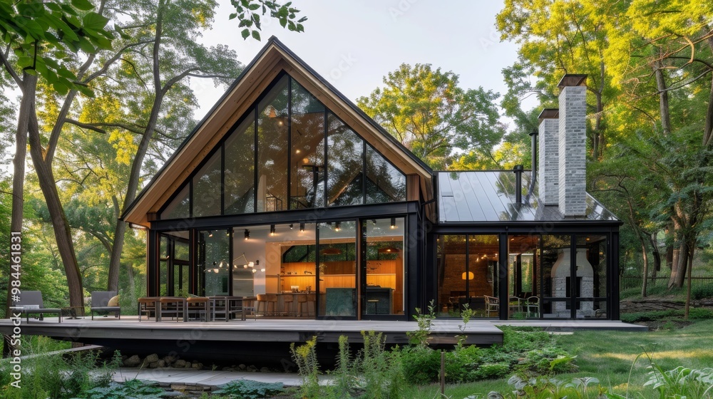 Fototapeta premium Tranquil Glass and Wooden Cabin Nestled in Serene Forest Landscape with Pond Reflection