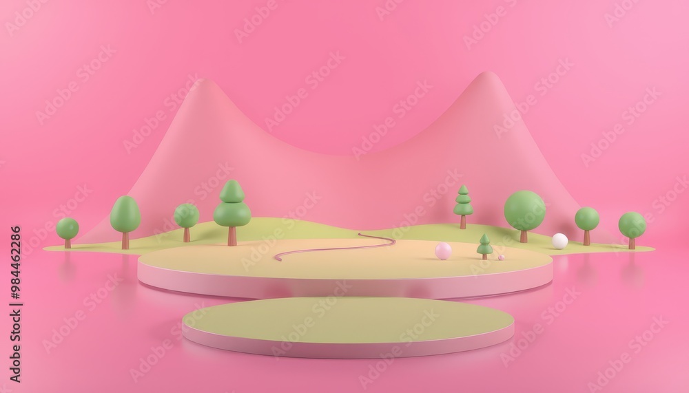 Pink and green 3D podium with a minimalist cartoon landscape background. Pink and green 3D podium with a minimalist cartoon landscape background.