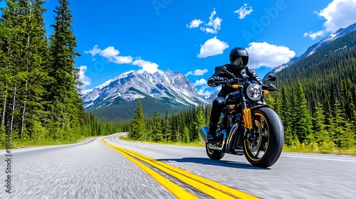 A motorcycle glides along a winding road, carving through a majestic mountain pass.