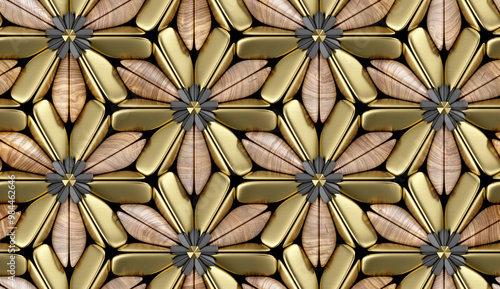 Fototapeta Naklejka Na Ścianę i Meble -  3d hard wood tiles with gold matte elements on black background