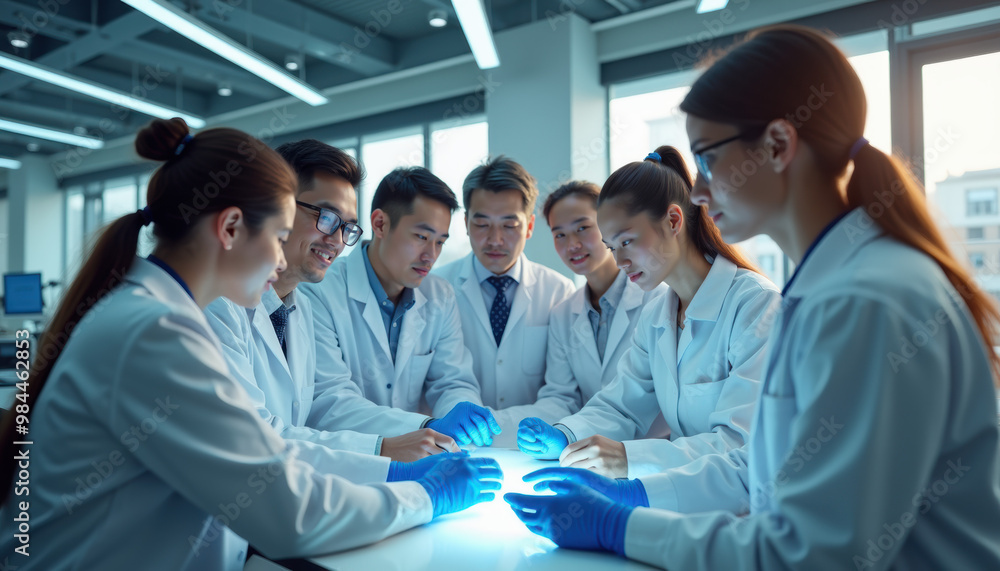Fototapeta premium Cell Therapy Research Team Collaborating in a Modern Lab, Innovative Healthcare, Medicine Breakthrough, Scientific Discovery, Biotechnology
