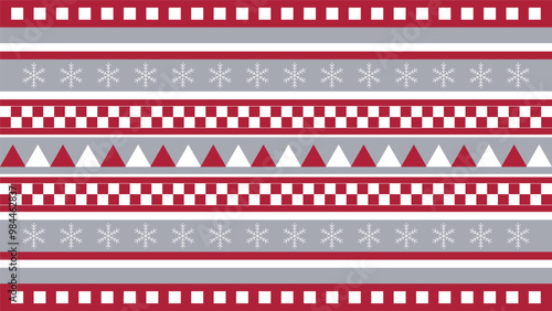 Christmas pattern with snowflakes and shapes, red and gray
