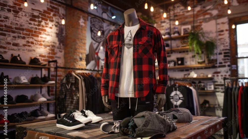 Mannequin Wearing a Plaid Shirt and Jeans in a Clothing Store Mannequin Wearing a Plaid Shirt and Jeans in a Clothing Store