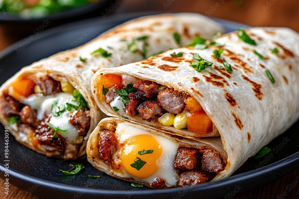 Delicious Breakfast Burritos with Eggs, Vegetables, and Meat on a Dark Plate Delicious Breakfast Burritos with Eggs, Vegetables, and Meat on a Dark Plate
