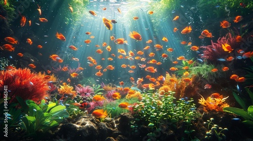 Sunbeams illuminate a vibrant underwater scene with a school of orange fish swimming through coral and plants.