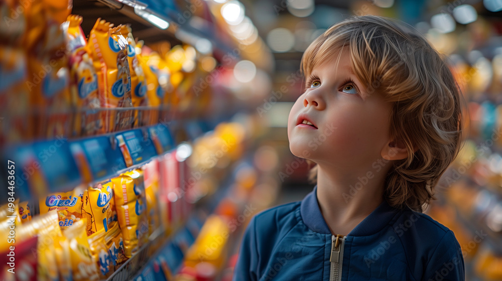 boy looking at snacks in supermarket boy looking at snacks in supermarket