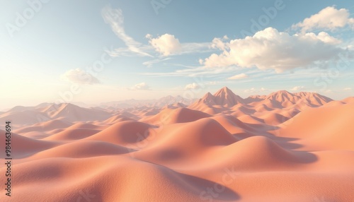 Soft light illuminates a vast desert landscape with rolling sand dunes and distant mountains.