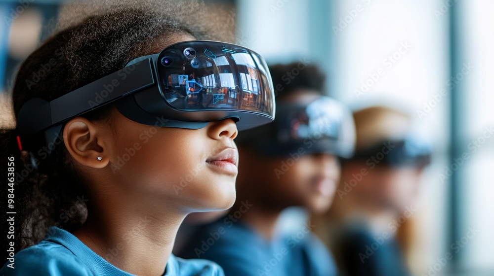 Children Engaging with Virtual Reality Headsets in a Modern Classroom Setting Children Engaging with Virtual Reality Headsets in a Modern Classroom Setting