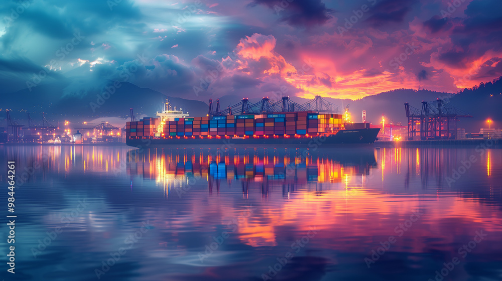 container ship at vibrant sunset in harbor reflection. a large container ship docked at a harbor during a vibrant sunset, with colorful skies reflecting on the calm water. perfect for shipping, logist container ship at vibrant sunset in harbor reflection. a large container ship docked at a harbor during a vibrant sunset, with colorful skies reflecting on the calm water. perfect for shipping, logist