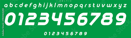 Dynamic athletic font, bold curved numbers and letters, streamlined sans serif for sports logos, energetic headlines, sports branding, jersey numbers, team merchandise. Vector typeset