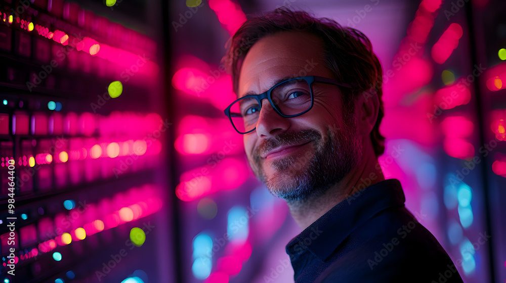 Fototapeta premium IT Technician Smiling Next to Server Racks in a Data Center