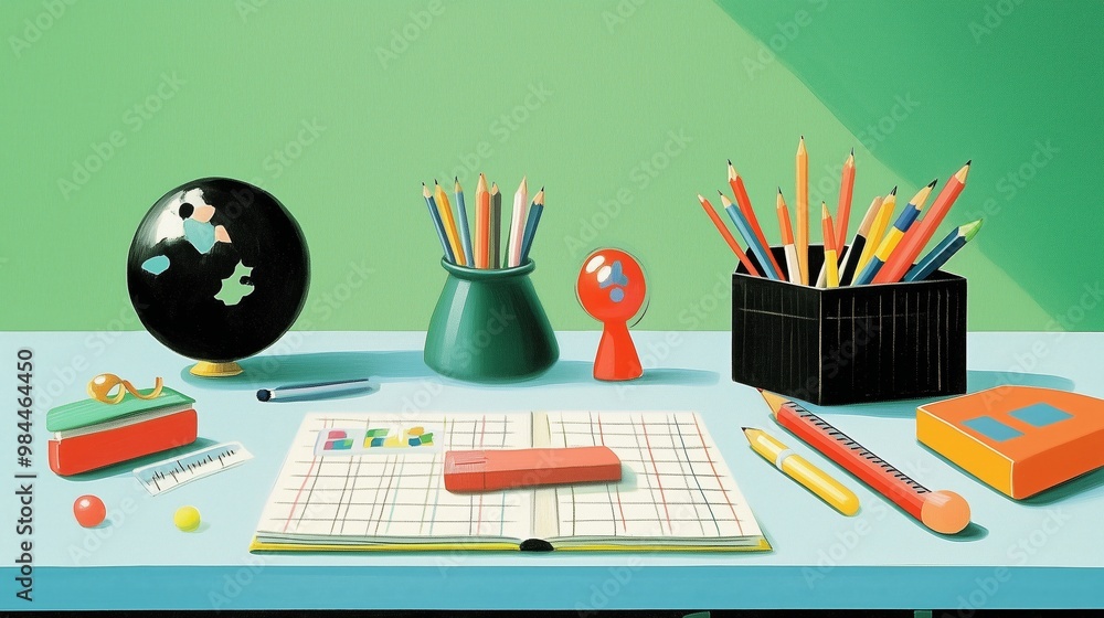 A vibrant and neatly organized illustration of a student's desk with school supplies such as pencils, erasers, and notebooks A vibrant and neatly organized illustration of a student's desk with school supplies such as pencils, erasers, and notebooks