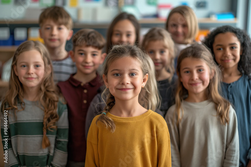 Diverse group of schoolchildren smiling in a classroom. Generative AI image