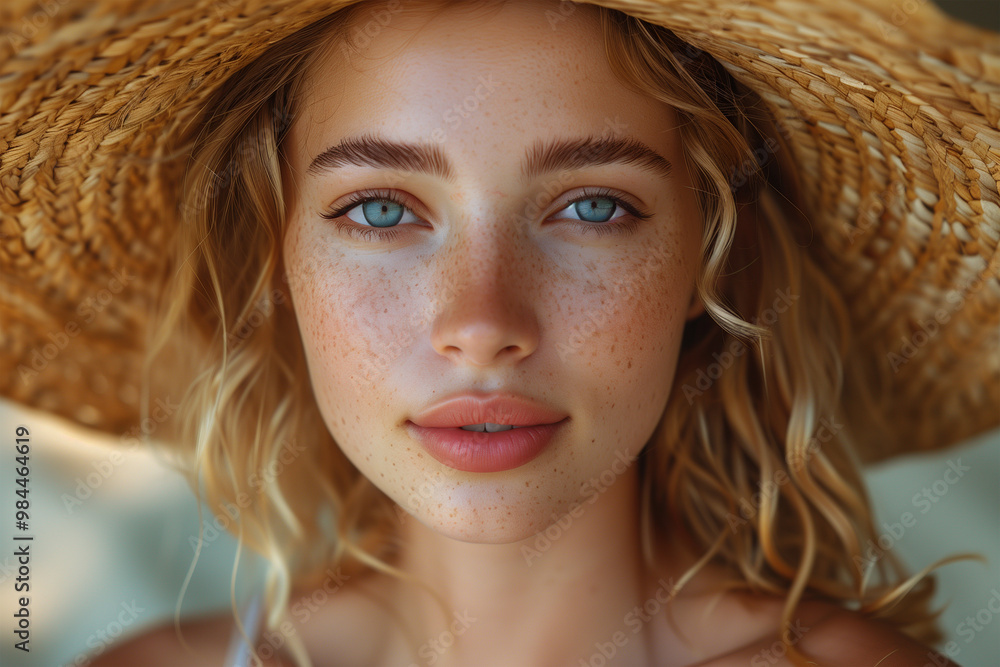 Serene Summer Beauty with Straw Hat. Generative AI image Serene Summer Beauty with Straw Hat. Generative AI image