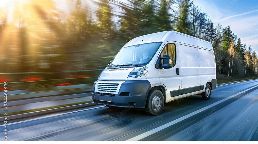 white delivery van speeds down highway with sun shining motion blur white delivery van speeds down highway with sun shining motion blur