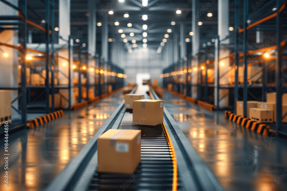 Conveyer belt system in a modern warehouse with boxes. Generative AI image Conveyer belt system in a modern warehouse with boxes. Generative AI image