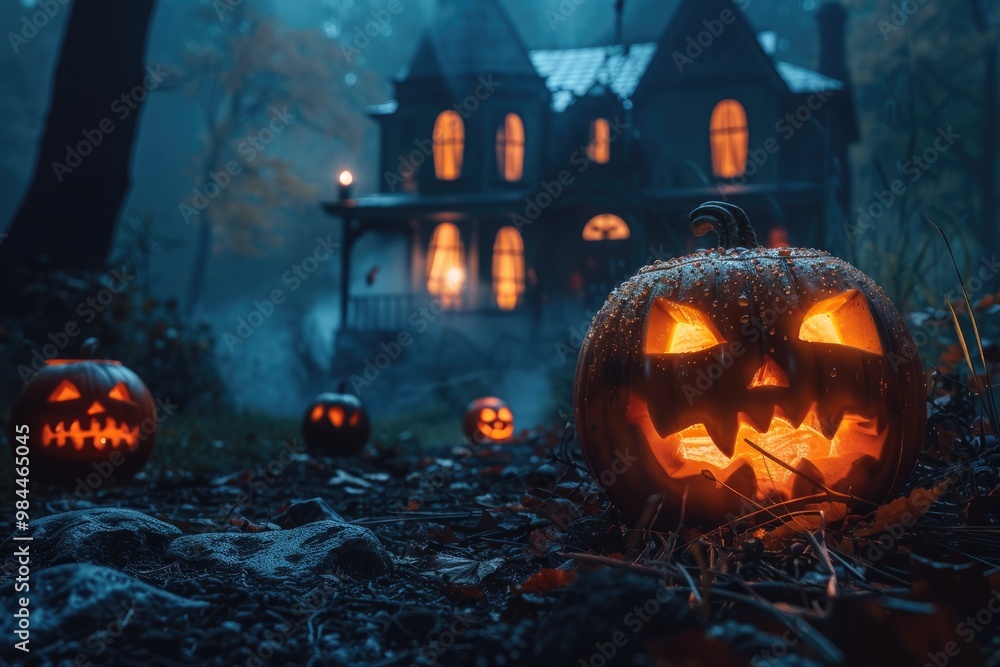 Lit Jack-o'-Lantern in Front of a Spooky House Lit Jack-o'-Lantern in Front of a Spooky House
