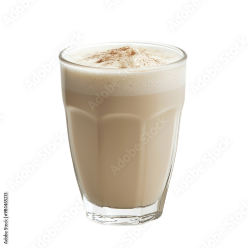 Glass of warm soy milk with a delicate froth on top and a dash of vanilla extract. isolated on transparency background