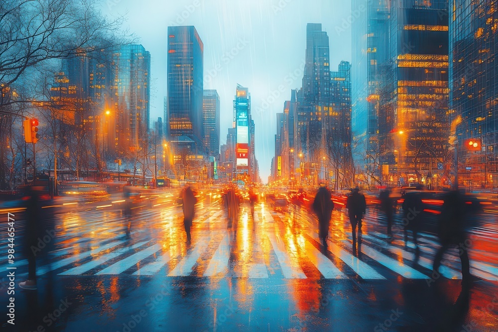 bustling city crosswalk at dusk blurred figures crossing vibrant traffic light trails urban energy bustling city crosswalk at dusk blurred figures crossing vibrant traffic light trails urban energy