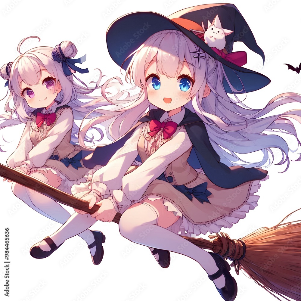 anime little girl riding a flying broomstick. anime little girl riding a flying broomstick.
