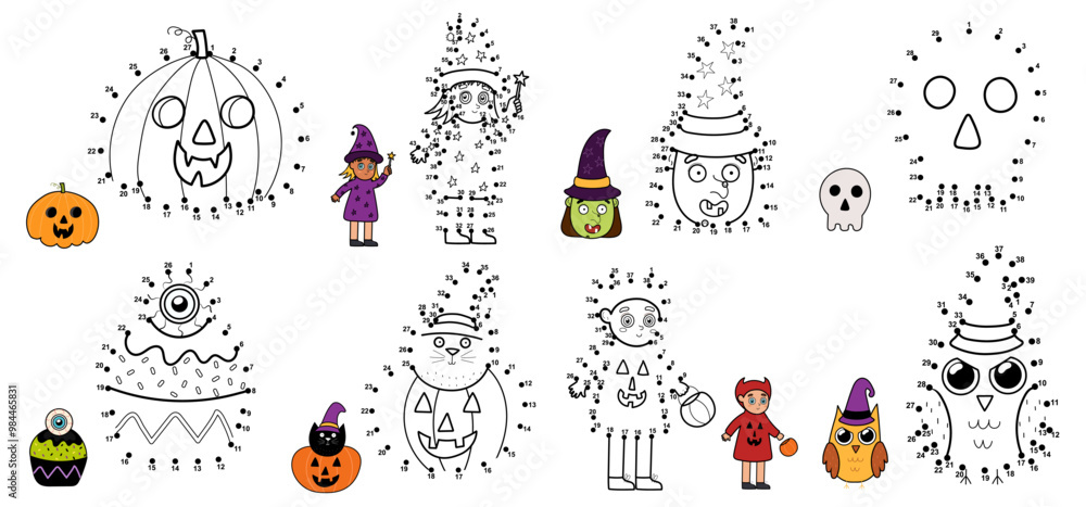 Halloween dot to dot games bundle. Connect the dots and draw cute Halloween characters. Educational activity pages set for kids. Vector illustration Halloween dot to dot games bundle. Connect the dots and draw cute Halloween characters. Educational activity pages set for kids. Vector illustration