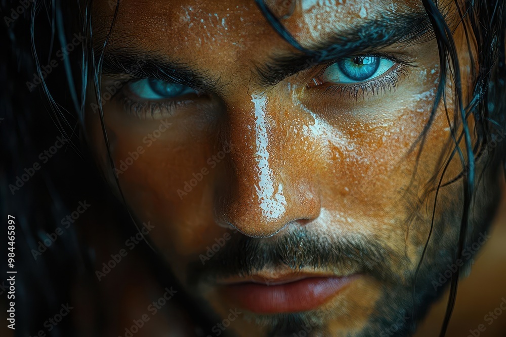 Azure Gaze: Piercing Blue Eyes Illuminate a Rugged Visage in Dramatic Portrait Azure Gaze: Piercing Blue Eyes Illuminate a Rugged Visage in Dramatic Portrait