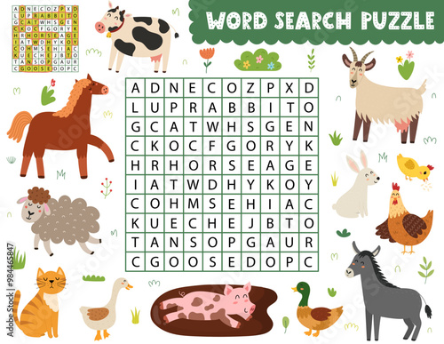 Word search puzzle with cute farm animals. Find the hidden words activity page for kids. Perfect for school and preschool. Vector illustration