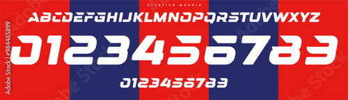 Bold sleek sports font, dynamic numbers and letters, strong geometric lines alphabet for athletic visuals, sports branding, jersey numbers, team merchandise. Vector typeset