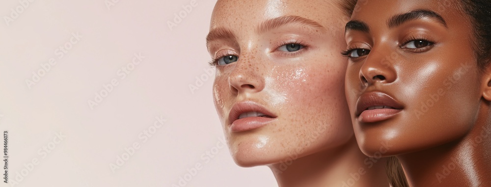 Models who take care of their skin, with medium to dark skin tone. Demonstration of the diversity of beauty, race, and skin color. Banner with faces of beautiful girls on a light background Models who take care of their skin, with medium to dark skin tone. Demonstration of the diversity of beauty, race, and skin color. Banner with faces of beautiful girls on a light background