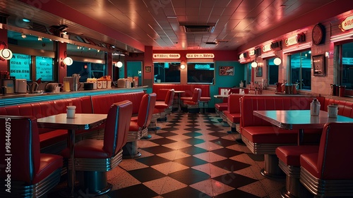 An interior view of a retro diner featuring bright neon lights and a classic checkered floor, exuding a nostalgic feel of mid-century American diner culture.