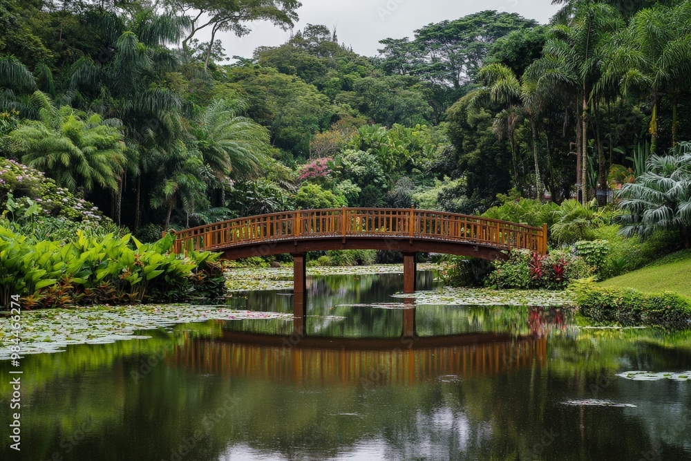 A stunning garden scene featuring a lush variety of plants and trees, with a wooden bridge crossing over a tranquil pond adorned with lotus flowers and lily pads. A stunning garden scene featuring a lush variety of plants and trees, with a wooden bridge crossing over a tranquil pond adorned with lotus flowers and lily pads.