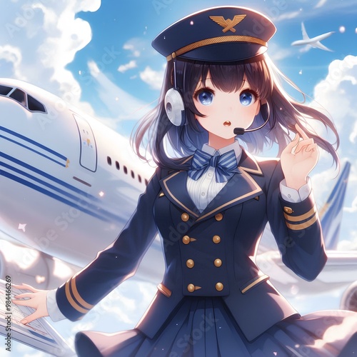 anime girl flight attendant uniform with background in the sky of an airplane.