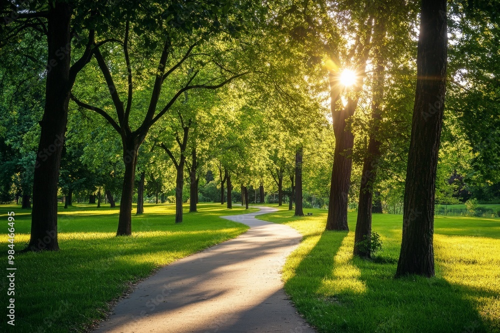 A sun-kissed trail winds through a lush green park, with sunlight filtering through the canopy of tall trees, creating a tranquil and inviting atmosphere for visitors. A sun-kissed trail winds through a lush green park, with sunlight filtering through the canopy of tall trees, creating a tranquil and inviting atmosphere for visitors.